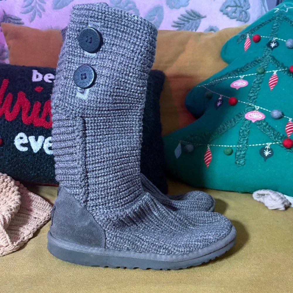 UGG Australia Knit Button Tall‎ Boots Grey Women's Size 5